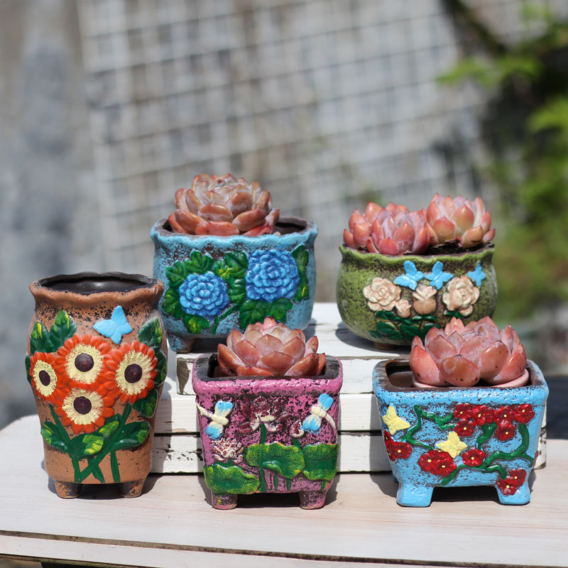 包邮新款手绘多肉花盆超值组合套餐盆粗陶透气老桩盆复古陶盆
