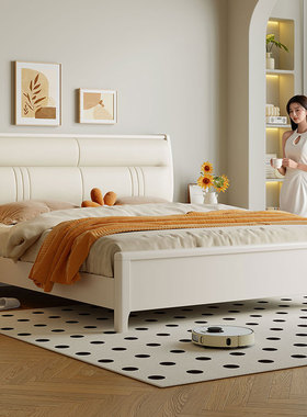 实木床奶油风白色双人床轻奢简约主大卧床1米8家用真皮软包公主床