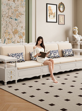 美式奶油风实木沙发白色小户型现代简约布艺沙发白色储物直排沙发