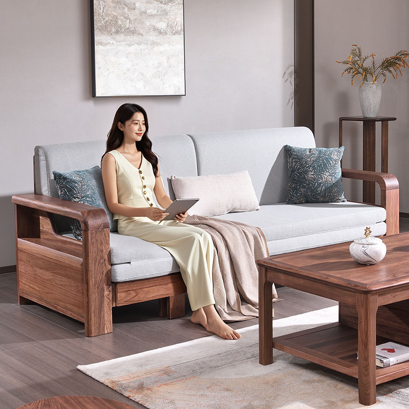 乌金木实木沙发直排拉床沙发组合小户型新中式客厅沙发床工厂直销