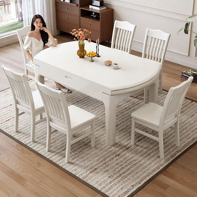 白色全实木餐桌椅组合方圆两用小户型饭桌多功能家用可伸缩变圆桌
