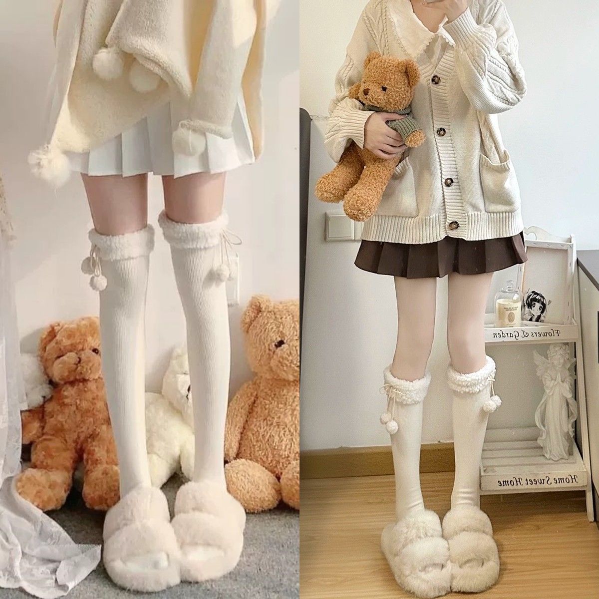 奶白色小腿袜子女秋冬款加厚保暖蝴蝶结毛球中筒及膝堆堆袜日系jk