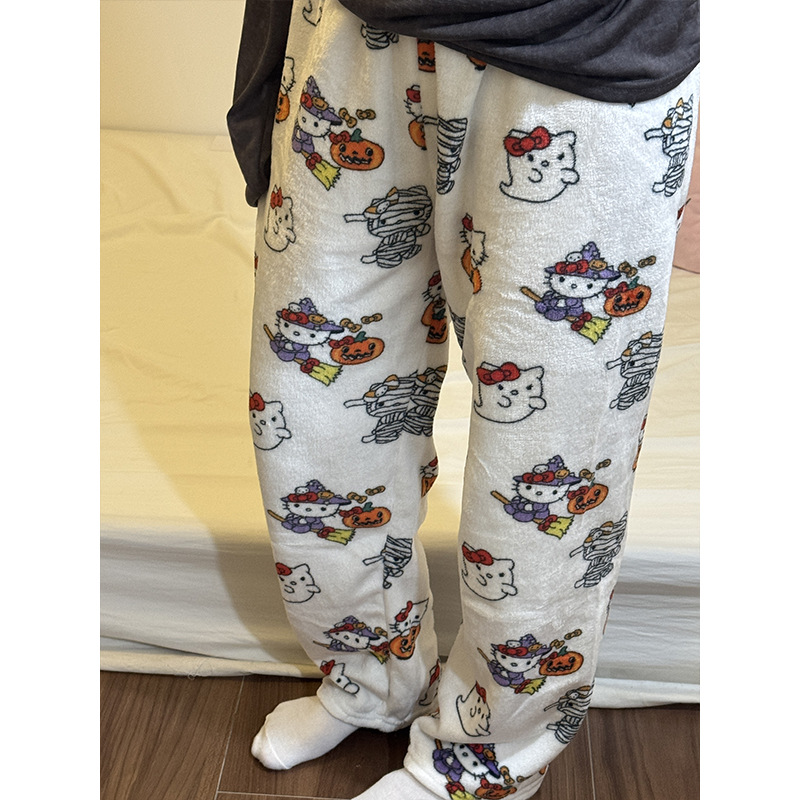 多款万圣节卡通kt猫法兰绒睡裤女秋冬加绒保暖休闲居家裤子