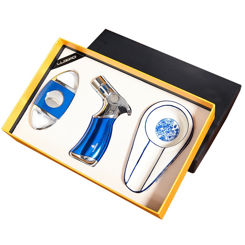 LUXFO雪茄剪防风打火机便携烟灰缸金属雪茄工具三件礼盒套装