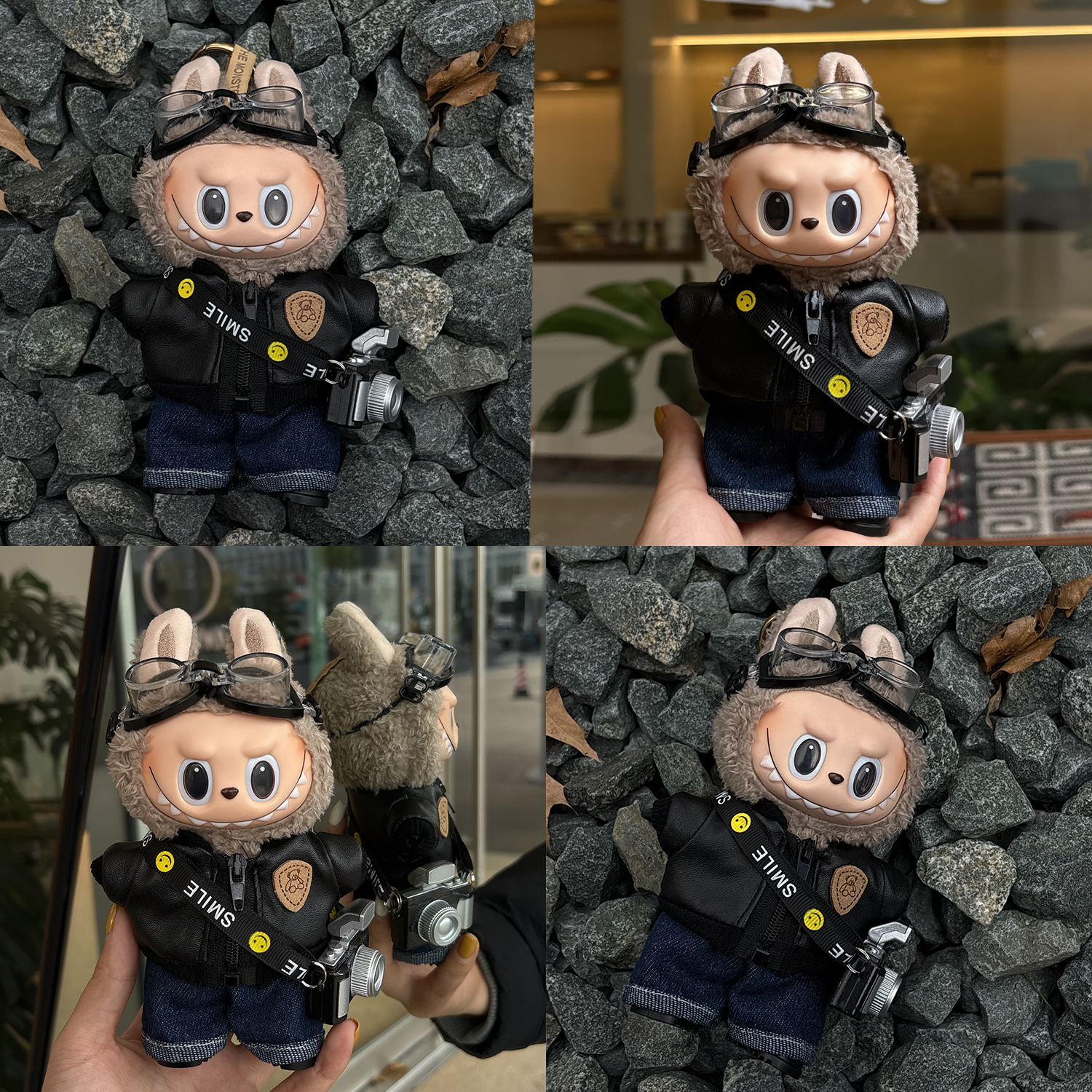 原创！拉布布一二三代通用娃衣labubu潮酷机车相机皮衣套装