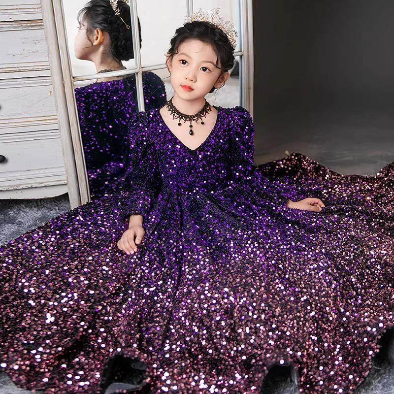儿童生日礼服紫色亮片长袖公主裙