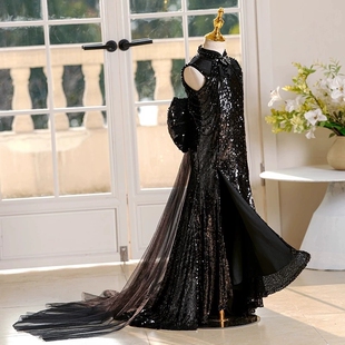 女童礼服黑色拖尾女孩旗袍中国风公主裙儿童主持人走秀古筝演出服