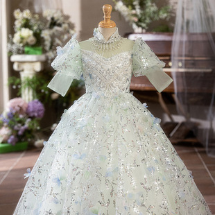 儿童生日礼服绿色亮片女童中国风走秀公主裙主持人中大童演出服装