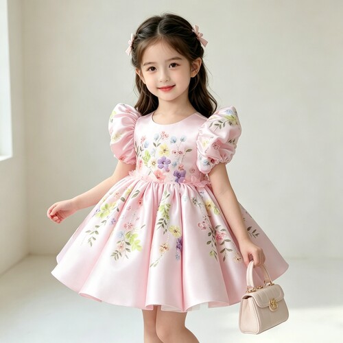 女童粉色缎布花朵公主生日礼服裙