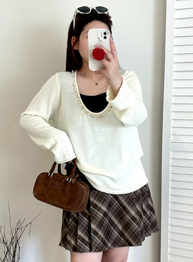 大码女装气质u领外搭长袖上衣女毛衣2025秋款胖mm宽松针织衫23387