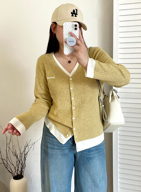 大码v领真两件撞色上衣女外套2025秋款胖mm宽松休闲针织开衫23159