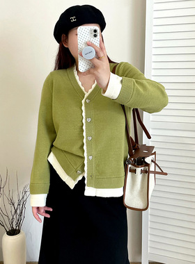 大码女装假两件v领外套女长袖上衣2025秋冬胖mm气质针织开衫23186