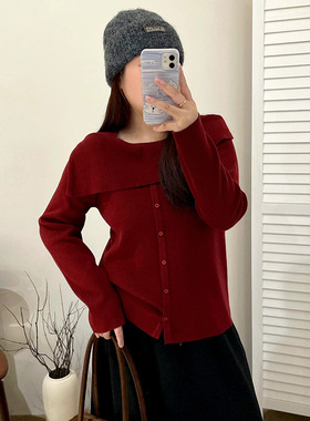 大码女装设计感一字领上衣女毛衣2025冬胖mm宽松休闲针织衫23360