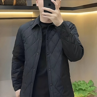 棉服男2025年秋季新款商务休闲翻领修身薄棉二棉舒适菱形格外套帅