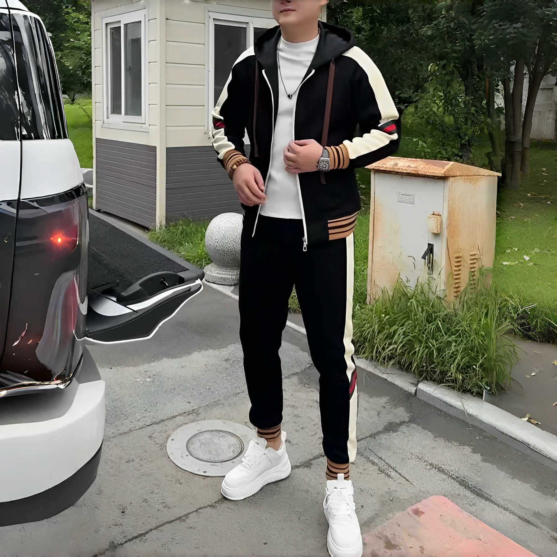 男士套装2025年秋季新款个性百搭时尚拉链休闲潮流连帽拼接显瘦帅,男装,休闲运动套装,淘宝优惠券,粉丝福利购,淘宝优惠卷