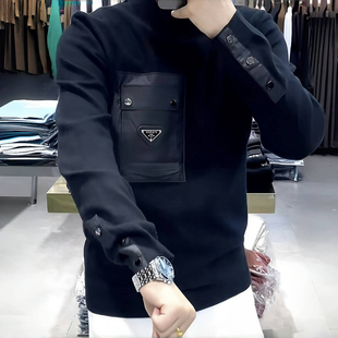 打底衫男2025年秋新款商务休闲时尚潮流修身百搭个性口袋拼接帅