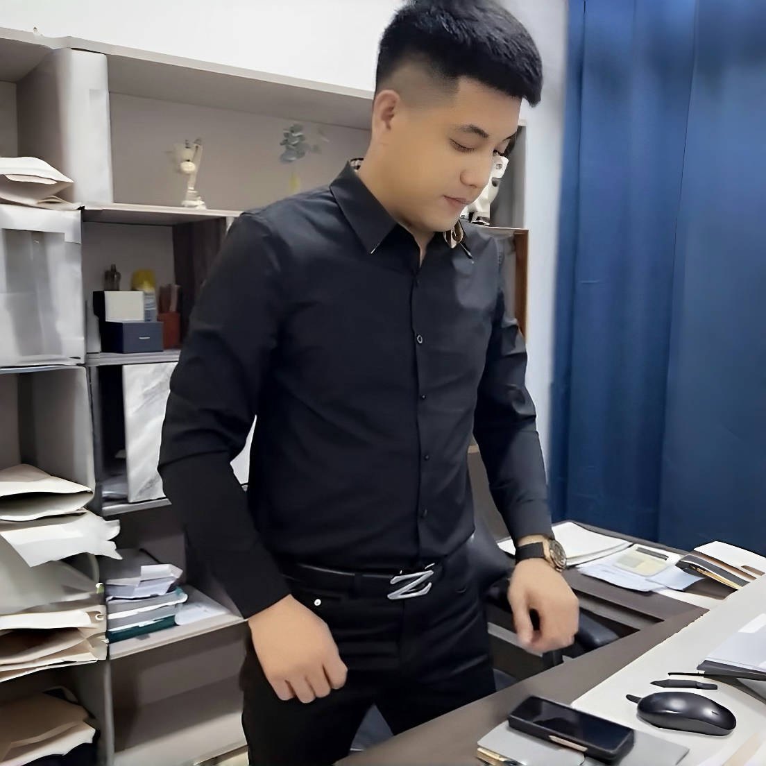 衬衫男2025年秋季新款黑色净版商务休闲时尚轻奢长袖修身帅翻领,男装,衬衫,淘宝优惠券,粉丝福利购,淘宝优惠卷