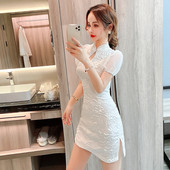 日常工作服旗袍改良版 连衣裙白色泡泡袖 中国风小心机镂空性感短裙
