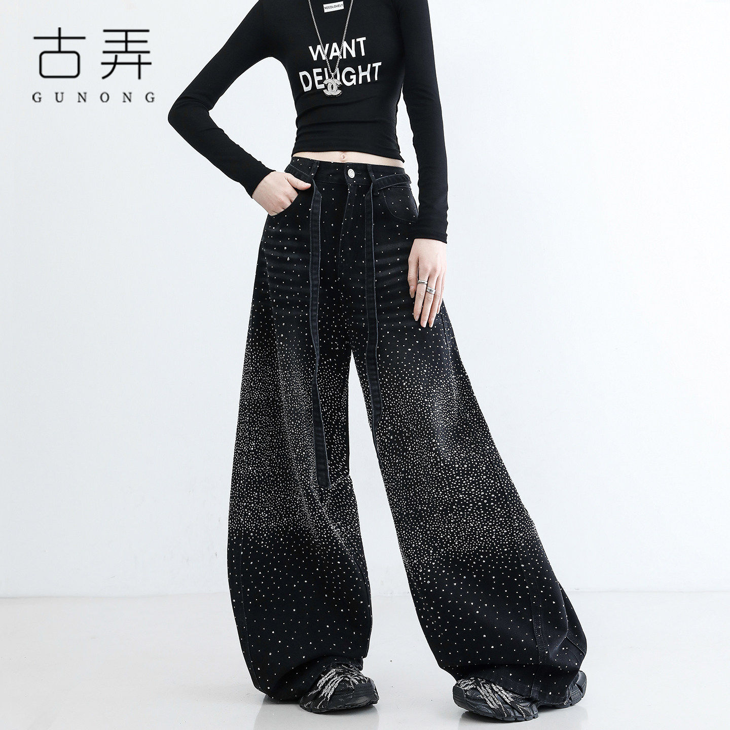 古弄个性满天星烫钻阔腿裤女2026春季新款时尚高级感显瘦牛仔裤潮