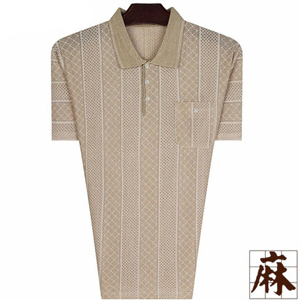 夏季新款中年男装中老年男士短袖t恤爸爸薄款亚麻老人宽松上衣服