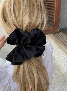 jing典黑色 极简木耳边缎面双层大肠发圈慵懒风马尾丸子头发饰