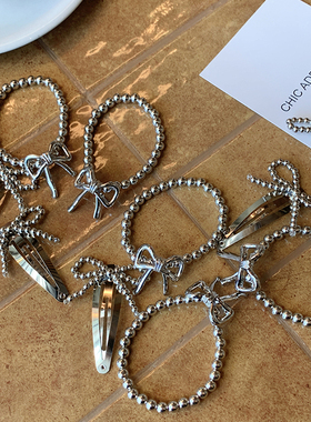 镜面亮银色串珠发饰时尚蝴蝶结发夹边夹侧边 甜酷新款珠珠发绳