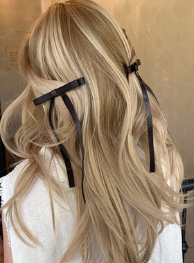 复古慵懒风 黑色蝴蝶结长飘带弹簧夹2025新款女孩发夹后脑勺发饰