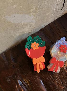 小众设计红色花束抓夹女高级感洋气时尚新年氛围感盘发鲨鱼夹花朵