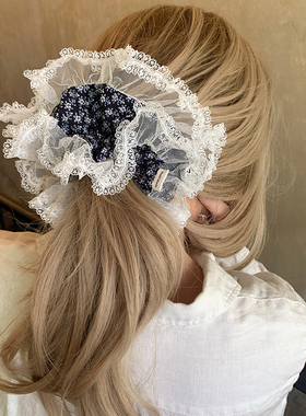 藏蓝小碎花 森系复古蕾丝高级感大肠发圈超大小众丸子头发饰头绳