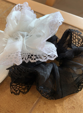 双层蕾丝荷叶边黑色大肠发圈韩系 气质名媛风低马尾扎头发头绳