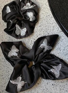 精致银色刺绣蝴蝶方巾发圈 清冷感绝美大肠发圈超大低丸子头发饰