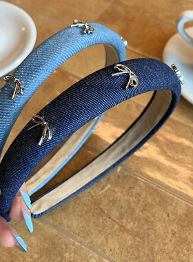 ins简约银色蝴蝶结复古牛仔蓝色发箍女款 洋气海绵细头箍气质发饰