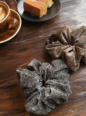 时髦咖色豹纹 丝绒大肠发圈女高级感洋气时尚复古丸子头发饰头花