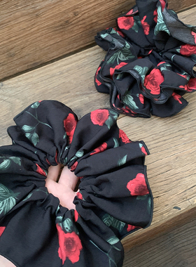 森系红色玫瑰 复古慵懒风黑色大肠发圈超大低丸子头发饰马尾头花