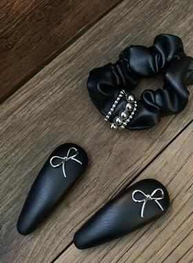 黑色皮质少女bb夹 甜酷辣妹银色蝴蝶结刘海夹发夹边夹侧边慵懒风