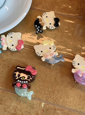 chao可爱Kitty绝美侧边发夹 黑色小帽撞色美人鱼醋酸边夹KT鸭嘴夹