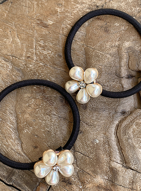复古花朵 珍珠高弹力耐用扎头发皮筋发绳 精致黑色头绳女生