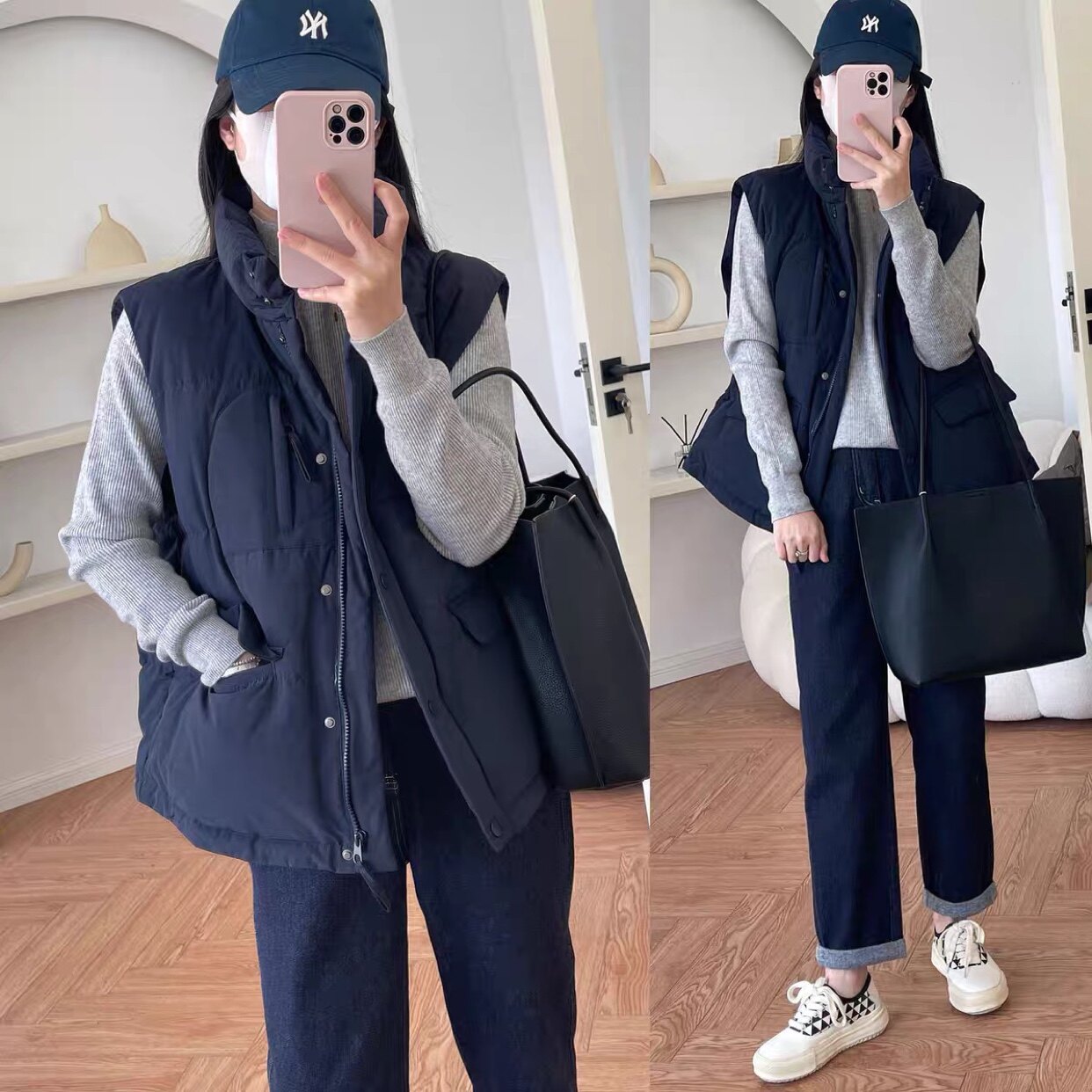 冬季工装立领羽绒服马甲女宽松无袖蓬松白鸭绒面包服加厚外套背心