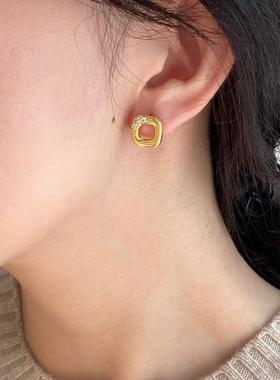 Aaim 镂空镶锆石几何方形耳环女精致气质简约百搭耳饰ins风