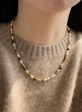 Aaim 美拉德串珠项链天然石珍珠咖色高级感毛衣链女2024新款