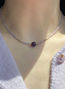 Aaim 极细薰衣草紫尖晶石项链女轻奢小众不掉色串珠锁骨链颈链