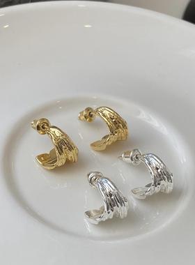 Aaim 925银针韩版肌理感耳环女简约高级感百搭气质耳饰金属褶皱