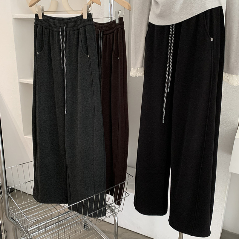 东大门欧货～加绒加厚糯米绒裤女冬季韩版百搭阔腿休闲裤长裤