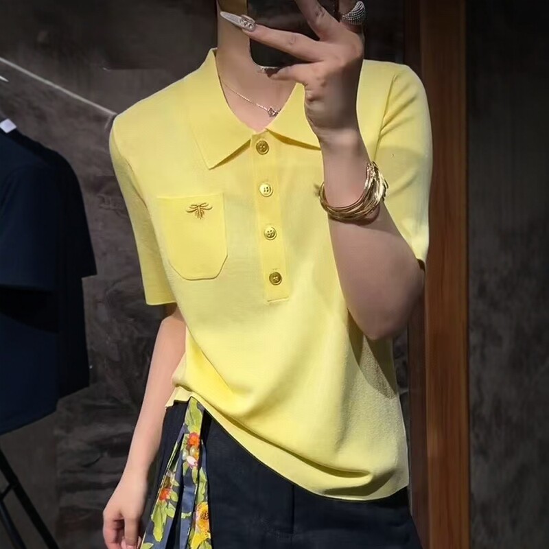 欧货小蜜蜂刺绣polo领桑蚕丝短袖t恤女2025夏季新款法式针织上衣