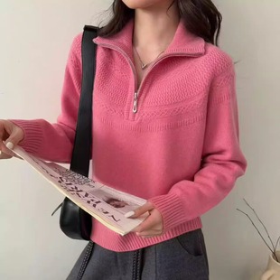 100%全羊毛提花半拉链立领针织衫女2025秋冬新款洋气减龄打底毛衣