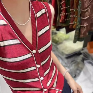歐貨時尚 針織背心女2025夏季 新款 百搭冰麻T恤氣質(zhì)上衣 V領(lǐng)條紋無袖