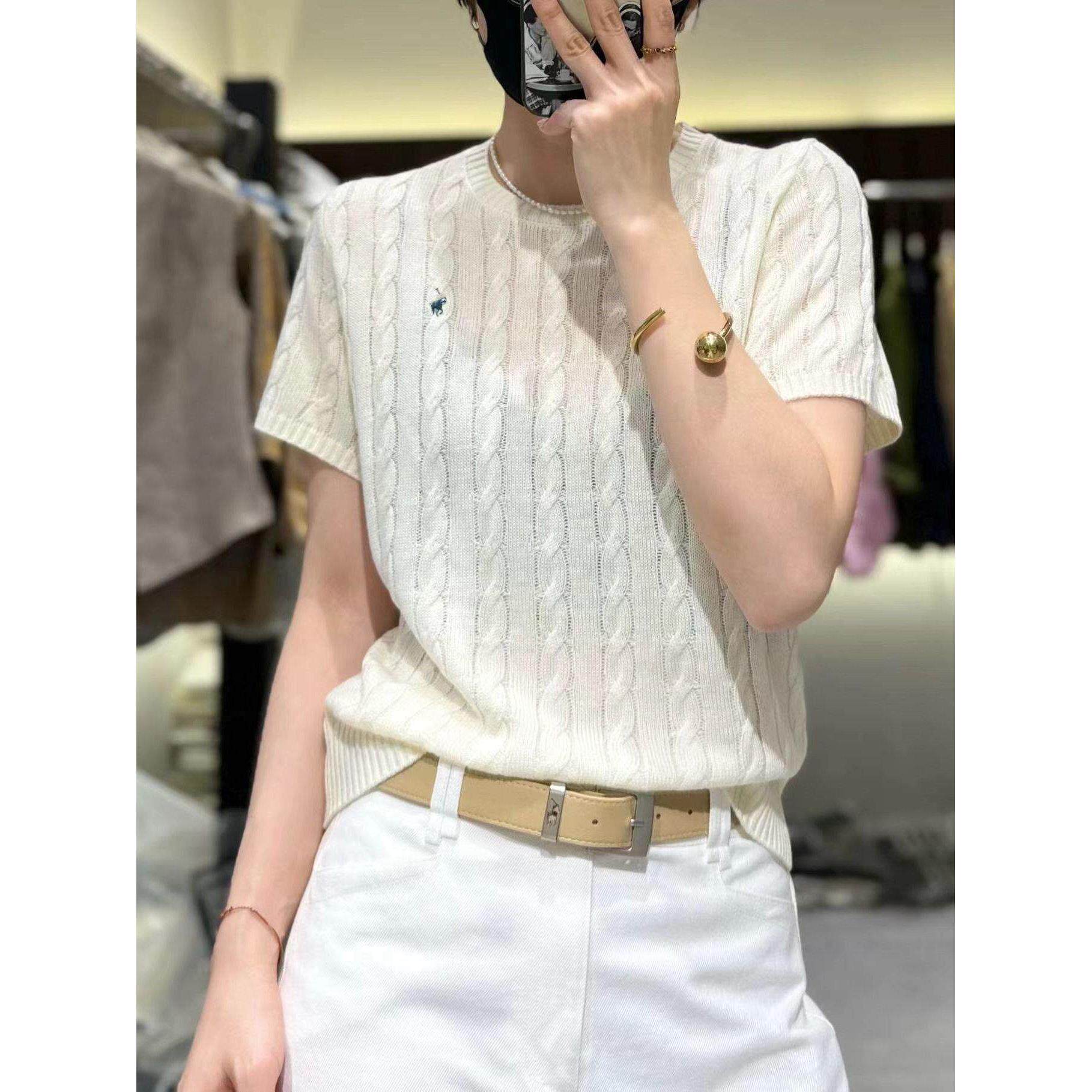 高品质商场同款桑蚕丝麻花纹针织短袖女圆领刺绣套头减龄T恤上衣