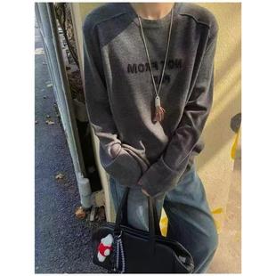 学院风字母刺绣圆领羊毛针织衫 宽松慵懒休闲卫衣毛衣 女25秋冬新款