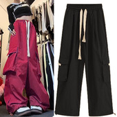美式 子 女高街设计感直筒阔腿休闲裤 复古街头嘻哈hiphop红色工装 裤