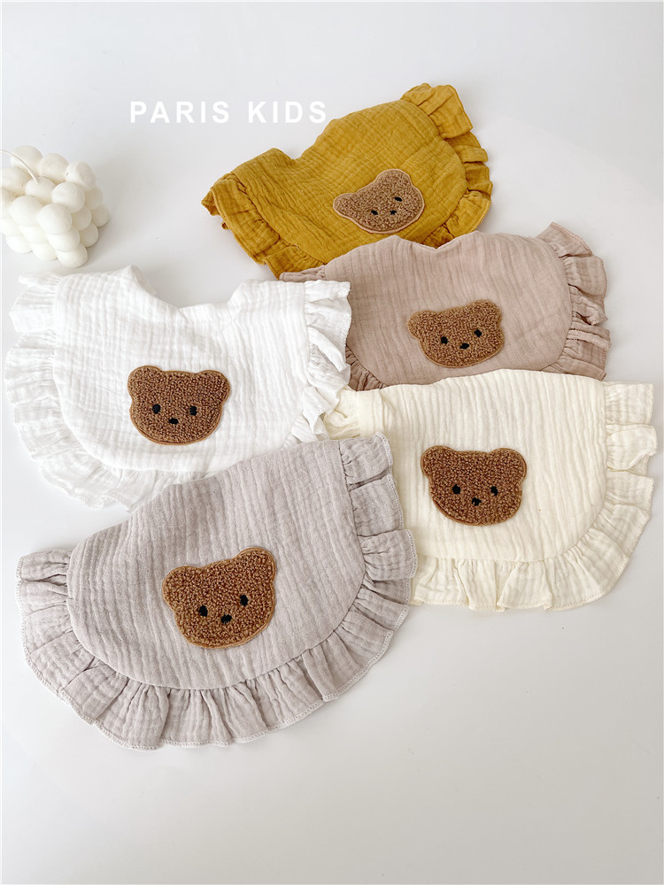 ins韩国小熊刺绣纱布围嘴2022春夏薄款口水巾新生婴儿纯棉围兜潮